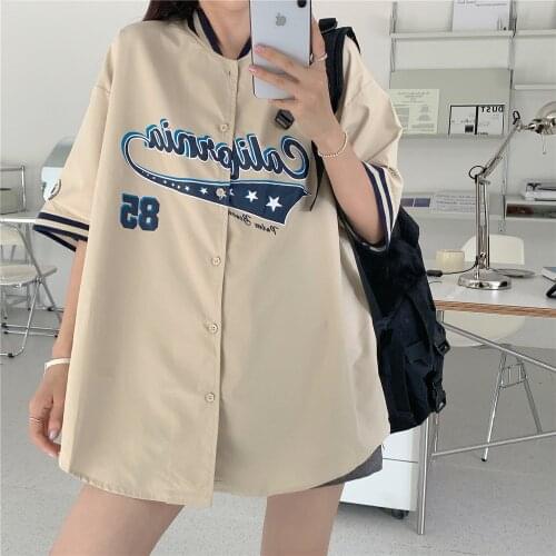 American Vintage Letter Print V Neck Button Up Shirts Women Men Baseball Uniform Short Sleeve New Casual Shirt Summer Outerwear