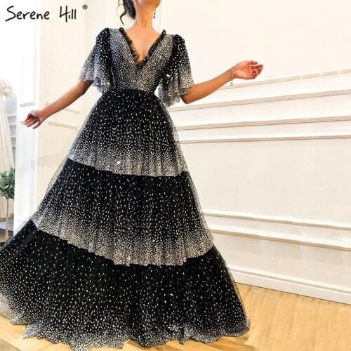 Dubai Designer Black Short Sleeves Prom Dresses 2020 V-Neck Sequined Luxury Sexy A-Line Prom Gowns BLA60735