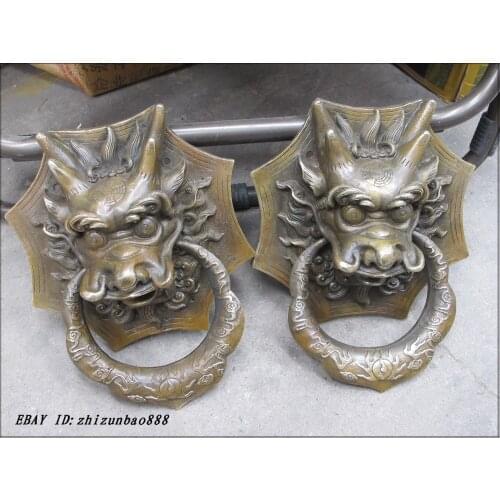 10"Feng shui china folk bronze Dragon head knocker Knock door ring statue Pair Garden Decoration Brass Bronze