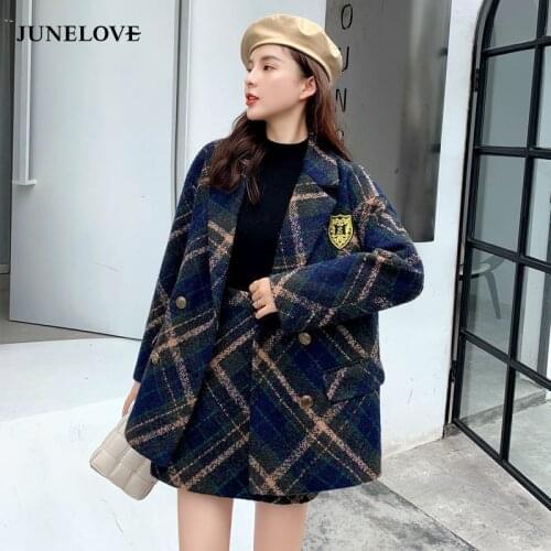JuneLove Autumn Fashion Two-piece Suits Thick Plaid Tweed Female Coat A-line Skirt Sets Vintage Women Suit Basic Jackets Uniform