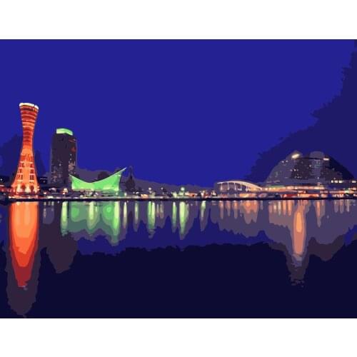 MaHuaf-j341 Japan Honshu City Port Building towers at night oil painting by numbers for home decor