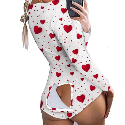 2021 Sweet Sexy Bodysuit Babydoll Sleepwear Women Long Sleeve Button Hollow Out Print Skinny Bodysuits Jumpsuits Top Clothing