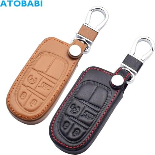 Leather Car Key Cases 4 Buttons Smart Keyless Entry Remote Control Protector Cover For Jeep Cherokee Dodge RAM Durango Chrysler