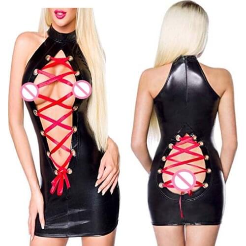 Red Ribbon Lacing Dress Women Sexy Bodycon Mini Dress Open Butt Erotic Dress Pole Dancing Clubwear Novelty Faux Leather Vestido