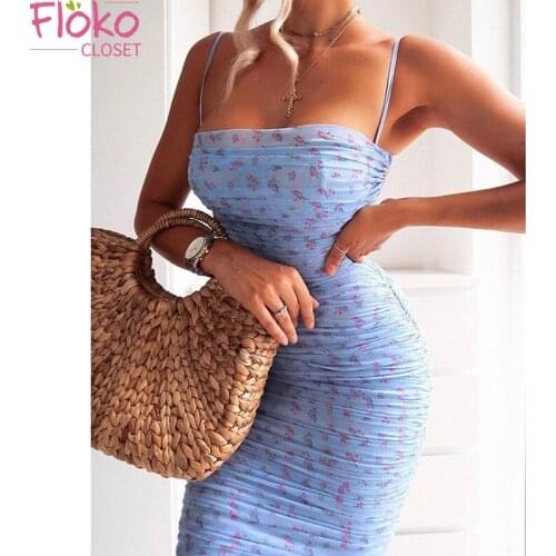 Flokocloset Summer Double Layer Mesh Pleated Print Slim Bodycon Dress Sexy Club Party Dresses for Women Vestido De Mujer