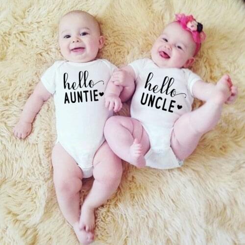 Cute Hello Uncle Auntie Letters Twins Newborn Baby Bodysuit Cotton Infant Boy Girl Short Sleeve Romper Jumpsuit Body Outfits