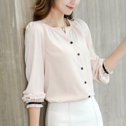 Inferior Camisas casuais Primavera Das Mulheres Camisa Branca de Manga Longa Babados Coreano Streetwear Magro Chiffon Blusa