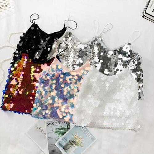 Cakucool New Big Sequins Chic Summer Sleeveless Top Sexy Backless Bling Luxury Loose Crop Top Party Bar Club Slim Vest Top Femme