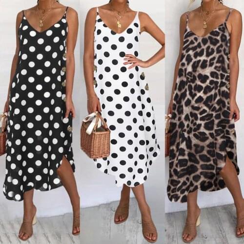 Women Sexy V Neck Adjustable Straps Dots Leopard Print Irregular Hem Midi Dress Sexy Dress Women Summer Stylish Dress Beach