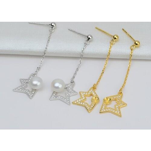 QIAOBEIGE Diy handmade accessories 925 silver star shape earrings pearl diy mounting silver accessory 2.5cm chain