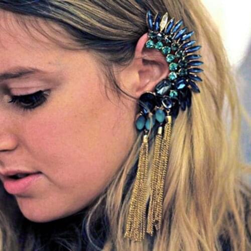 Boho Long Tassels Ear Cuff Earring Rhinestone Big No Pierced Clip Crawler Studs
