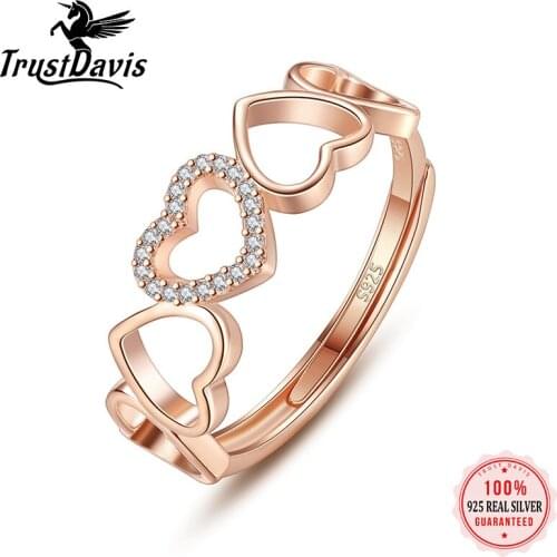 TrustDavis Real 925 Sterling Silver Zircon Hollow Romantic Heart Ring Love Adjustable Cocktail Women Party Jewelry Gift L204