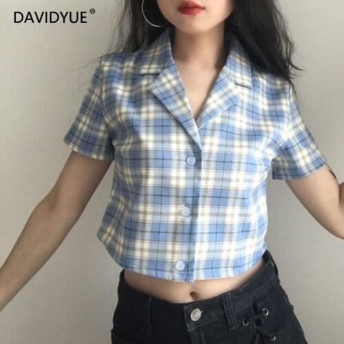 Vintage button up shirt blouse women 2020 cropped button up plaid shirt casual korean blouse summer pink tops short sleeve