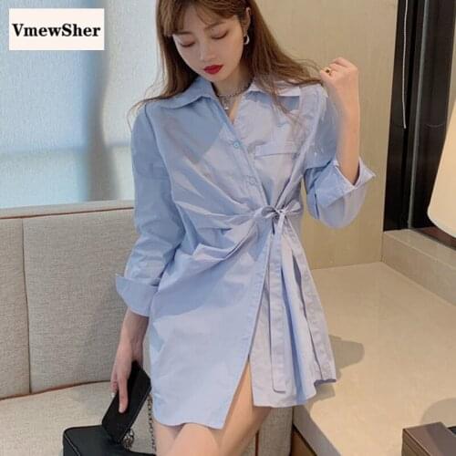 VmewSher New Stylish Bow Waist Spring Summer Women Shirt Irregular Long Sleeve Solid Female Elegant Blouse Turn Down Collar Tops