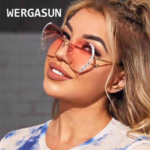 WERGASUN New Crystal Rimless Sunglasses Women Luxury Brand Designer Rhinestone Frameless Gradual Sun Glasses Shades Hexagon