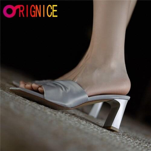 Orignice New Summer Solid Color Pleated Square Toe Women Slippers Fashion Block High Heel Ladies Elegant Outside Sandal Shoes