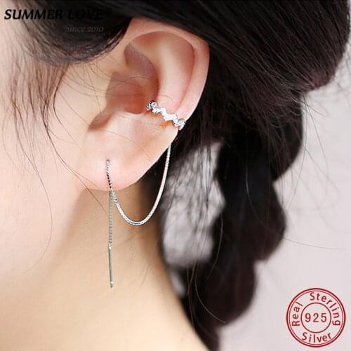 Real 925 Sterling Silver Mujer Ear Cuff Earrings with Long Chain Tassel Crystal Clips Brinco Boho Jewelry for Women