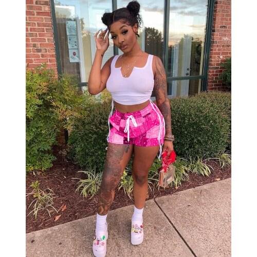 Womens Suit 2021 New All-Match Fashion Neckline Cardigan Drawstring Straps Patchwork Printed Vest Shorts Two-Piece Suit