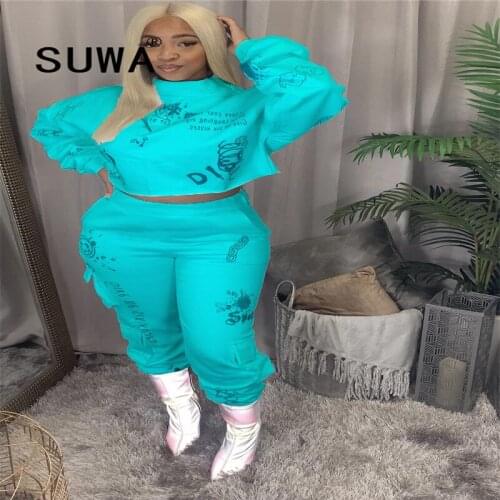 Trendy Chic Letter Printed Workout Tracksuit Women 2 Piece Set Long Sleeve Fall Top Tunic High Waist Pants Trousers Sweat Suit