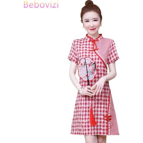 Plus Size M-4XL 2021 Pink Plaid New Loose Fashion Modern Cheongsam Dress Women Short Sleeve Qipao Traditional Chinese Clothes