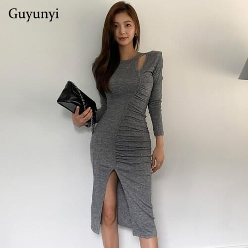 Grey Folds High Street Dress 2021 Autumn High Waist Tight Dress O-Neck Hollow Simple Comfortable Elegant Womens Party Dress