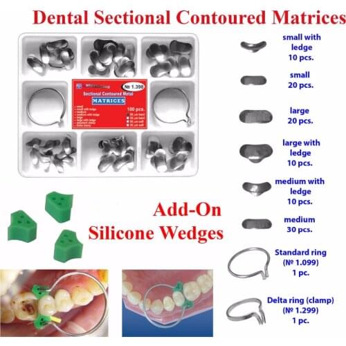 100Pcs Dental Sectional Contoured Matrices Matrix Ring Delta + 40 Add-On Wedge