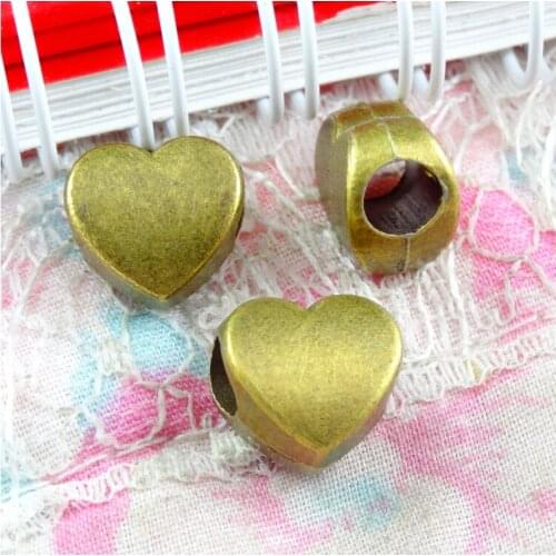30pcs 11*10.5MM Vintage Heart Big Hole Beads For Jewelry Making Antique Bronze Color Heart Beads Charm Heart Shape Beads