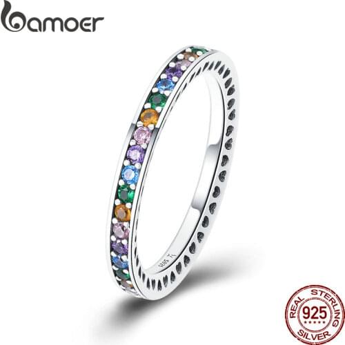 BAMOER Genuine 100% 925 Sterling Silver Colorful CZ Crystal Round Pave Finger Rings Engagement Wedding Jewelry Gift S925 SCR392