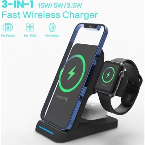 15W Qi Fast Wireless Charger Stand for iPhone 11 12 X 8 Apple Watch 3 in 1 Foldable Charging Dock Station for Airpods Pro iwatch