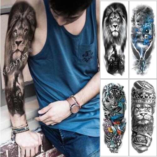 Large Arm Sleeve Tattoo Sketch Lion Tiger Waterproof Temporary Tattoo Sticker Crow Warrior Soldier Men Full Skull Totem Tattoo