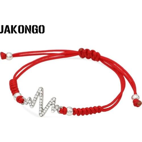 JAKONGO Crystal Electrocardiogram Handmade Weave Red Knots Braided Rope Bracelet for Women and Man Adjustable Bracelet