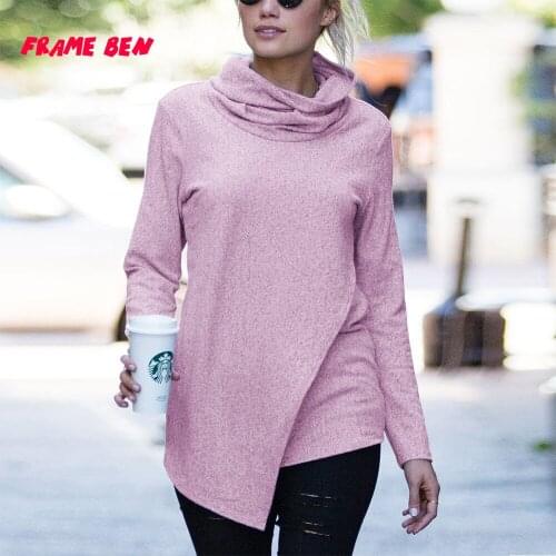 FRAME BEN New Women Fashion Hoodie Sweatshirt 2019 Autumn Casual Loose Long Sleeve Irregular Turtleneck Pullover Tops Coat