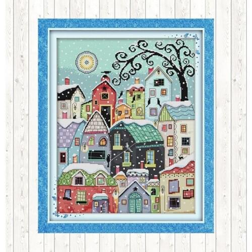 Snow Street Scenery Embroidery Kits Cross Stitch Package 14ct 11ct Count Print Canvas Needlework Embroidery Patterns DIY Crafts