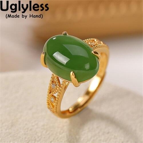 Uglyless Shiny Natural Green Jade Jasper Rings for Women Luxury Gold Gemstones Jewelry Real 925 Sterling Silver Hollow Rings