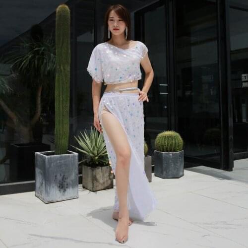 Women Sequins Split Bellydance Performance Costumes Suit Adult Sexy Belly Dance Wear Stage Practice Oriental Dance Costumes