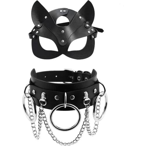 Leather Mask Women Cosplay Cat Halloween MasqueradeBlack Masks With Sexy Necklace Accessories