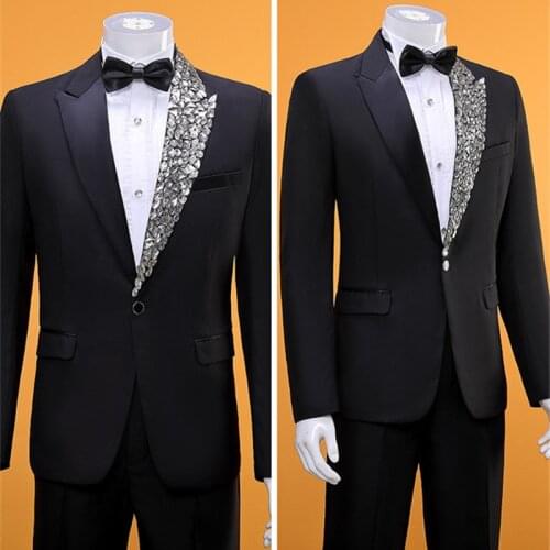 Male Fashion Rhinestones Suits Formal Mens Wedding Prom Evening Party Crystals Blazer Pants 2-Pieces Set Host Performance Wear