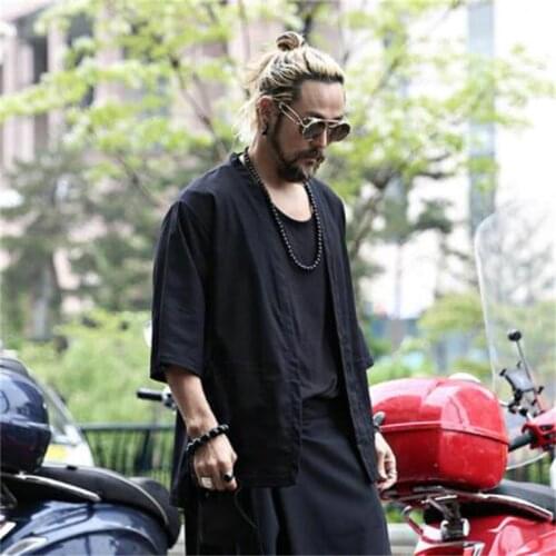 2021 summer Korean fashion mens new solid color cotton hemp loose fashion cardigan jacket T-Shirt Large