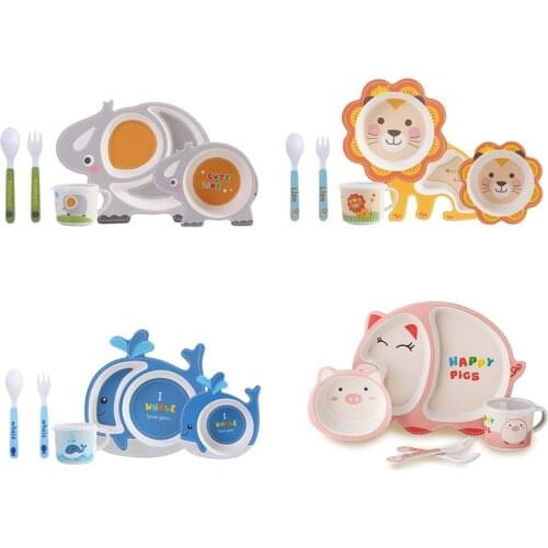 5 Pcs/Set Baby Bamboo Fiber Tableware Set Baby Plate Children Cartoon Separation Plate Bowl Fork Spoon Cup Set Feeding Supplies