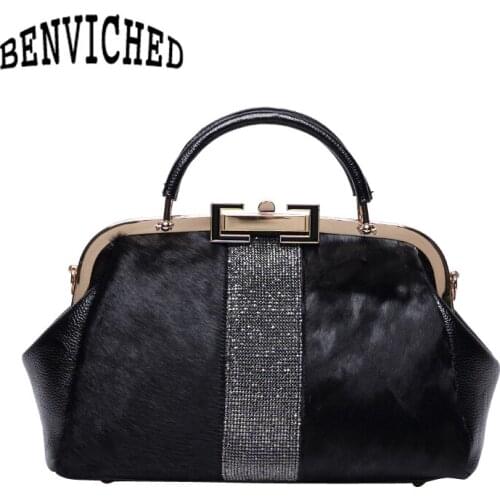 BENVICHED 2021 New Fashion Genuine leather Women Boston Bags Shoulder Bags Horse hair Top-handle Bags Messenger Bags bolsa L103