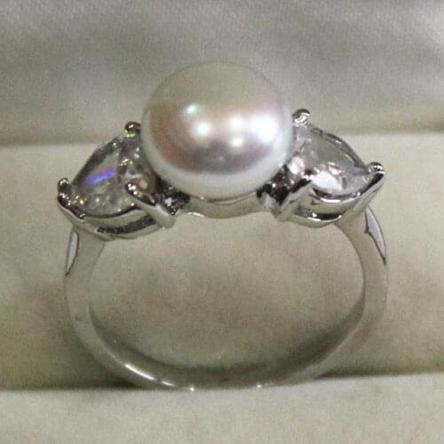 New! ladys silver plated ring with crystal decorated & 9-10mm white shell pearl ring(#7 8 9 )