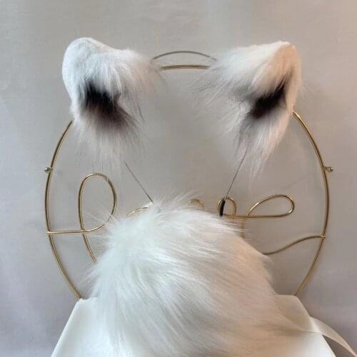 New Hand Made Work White Bear Ears Hairhoop Headwear Tail Set For Halloween Cosplay Game Costume Accessories