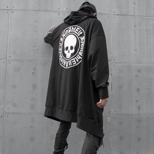 Extra Long High street Hoodie jacket for men Loose Skull prints Black color Hip hop Rock punk style Autumn Winter