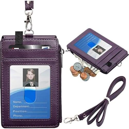 Office Unisex PU Leather ID Badge Card Holder Wallet with 5 Card Slots 1 Side RFID Blocking Pocket with Neck Lanyard Strap