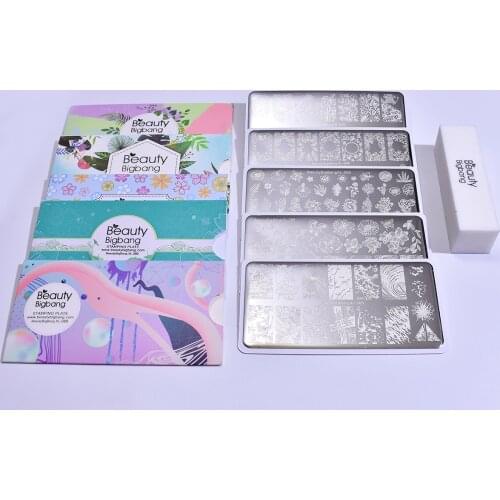 Beautybigbang Stamping Plates 5 PCS Set Stainless Steel Grass Flower Leaves Animal Image Art Sets Template Mold With Nails File