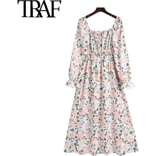 TRAF Women Chic Fashion With Tied Floral Print Midi Dress Vintage Puff Sleeve Elastic Waist Female Dresses Mujer
