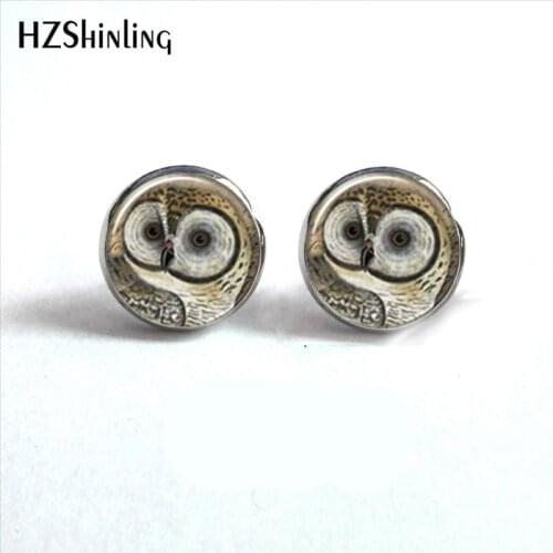 NES-0085 Vintage Owl Stud Earrings Night Owl Ear Studs Cute Owl Jewelry Glass Cabochon Earrings Handmade HZ4