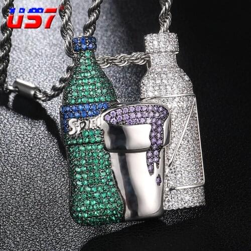 US7 Iced Out Sprite Bottle Cup Pendants Necklaces Crystal Zircon Shiny Wine Bottle Necklace Hip Hop Bling Rapper Jewelry