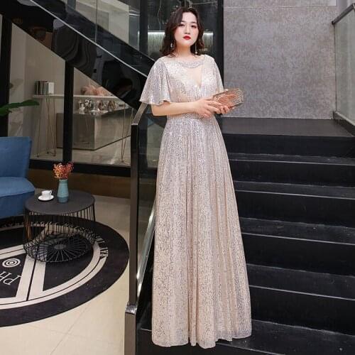 Evening Dresses Sequins V-Neck Ruched A-line Floor-length Short Sleeves Elegant Simple Plus Size Women Formal Party Dress D402