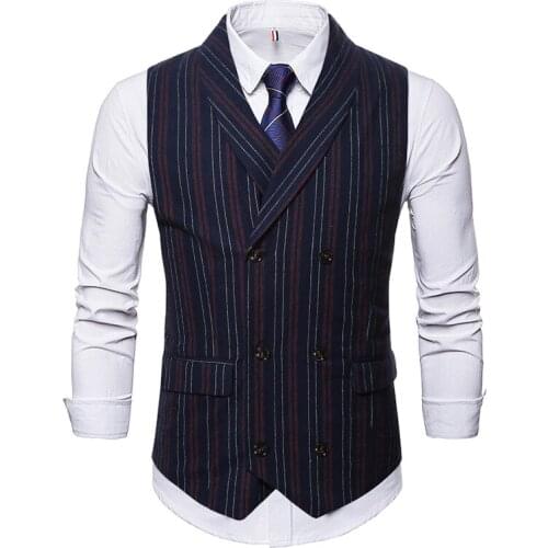 2021 Spring and Autumn Fashion Leisure Mens Striped Lapel Double Breasted Slim Business Leisure Mens Suit Vests